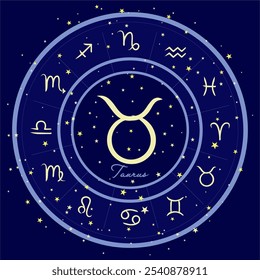 El Iniciar sesión del zodiaco de Tauro es un círculo estrellado, rodeado de todos los signos del zodiaco. Perfecto para temas de astrología, imágenes de horóscopo y diseños celestiales. Fondo cósmico azul oscuro.