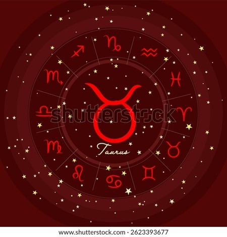Taurus zodiac sign in a starry circle, surrounded by all zodiac signs. Perfect for astrology themes, horoscope visuals, and celestial designs. Dark red cosmic background.