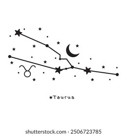 Signo del zodiaco de Tauro, estrellas, luna sobre fondo blanco, Arte vectorial boho