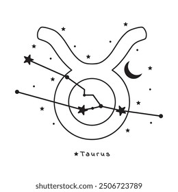 Signo del zodiaco de Tauro, estrellas, luna sobre fondo blanco, Arte vectorial boho