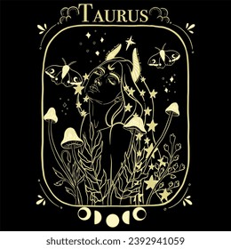 Taurus zodiac sign in the style of golden lines, depicted by a portrait of a girl on a black background among mushrooms in a frame.