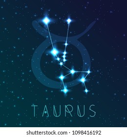 Taurus zodiac sign. Vector illustration with constellations and hand-drawn astronomical symbols. Shining stars in the night sky.