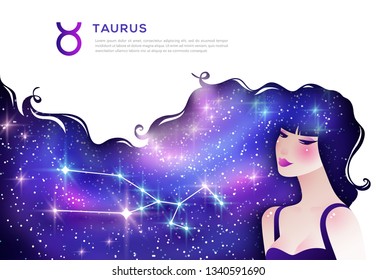Taurus zodiac sign web banner template. Astrological article. Horoscope symbol as female cartoon character. Space, stardust, glitter in hair. Star and constellation vector illustration with text space