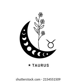 Taurus zodiac sign with wildflower and moon phases