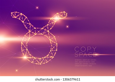 Taurus Zodiac sign wireframe polygon futuristic bokeh light frame structure and lens flare, Fortune teller concept design illustration isolated on purple gradients background with copy space