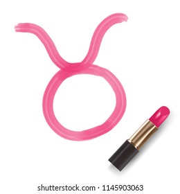 Taurus Zodiac sign write by Lipstick pink color illustration, star constellation concept design isolated on white background, with copy space