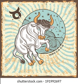 Taurus  zodiac signs of Horoscope circle with constellation on shabby vintage background.Graphic Vector Illustration in retro style.  