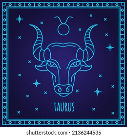 Signos zodiacos de Taurus. Ilustración vectorial. Símbolo de horoscopio astrológico. Ilustración vectorial de constelaciones sobre fondo azul. Parte del sistema zodiacal y calendario antiguo. 