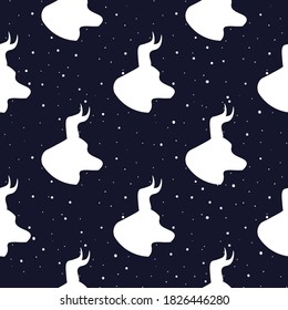 Taurus zodiac star seamless pattern. Repeating Taurus sign with stars on a black background. design for textile, wallpaper, fabric, decor, clothes, scrapbooking.