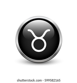 Taurus zodiac symbol, black button with metal frame and shadow