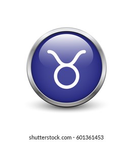 Taurus zodiac symbol, blue button with metal frame and shadow