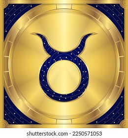 Taurus Zodiac Symbol, Classic Luxury Golden Greek Meander, Stellar Star Sign, Horoscope Astrology Fortune-Telling and Future Prediction, Element Badge Icon Vector Design Illustration.