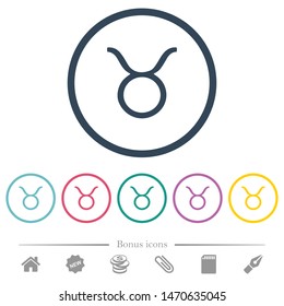 Taurus zodiac symbol flat color icons in round outlines. 6 bonus icons included.