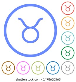 Taurus zodiac symbol flat color vector icons with shadows in round outlines on white background