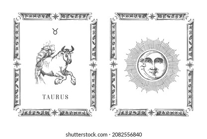 Taurus zodiac symbol in frame, drawn horoscope card in engraving style. Vintage illustration of astrological sign with Sun and Crescent in vector.