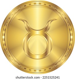 Símbolo zodiaco de Taurus con la moneda de oro redondeada de metal brillante Icono de moneda digital aislado en vectores de fondo blanco Ilustración para el horóscopo, astrología.