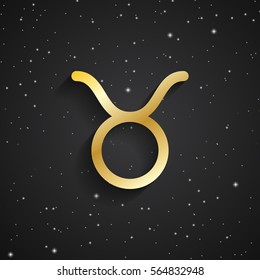 Taurus zodiac symbol, gold zodiac icon on the background of black starry sky