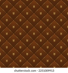 Taurus Zodiac Symbol, Golden Luxury Seamless Velvet Lattice Pattern Geometric Backdrop Background, Earth Element Fabric Textile Diamond Tile Texture.