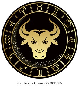 Taurus Zodiac symbol in the Golden round frame. Vector illustration.