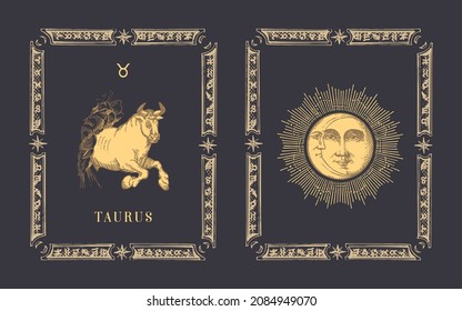 Taurus zodiac symbol on black background, drawn horoscope card in engraving style. Vintage illustration of astrological sign with Sun and Crescent in vector.