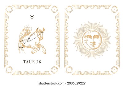 Taurus zodiac symbol on constellation background, drawn horoscope card in engraving style. Vintage illustration of astrological sign with Sun and Crescent in vector.