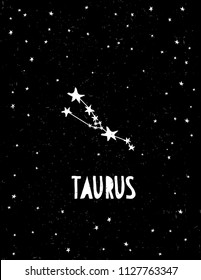 Taurus Zodiac Symbol Vector Card. Simple Hand Drawn Zodiac Vector Illustration. Taurus Sign on a Starry Black Background. Black and White Childish Style Dark Night Design. Grunge Night Sky Vector Art
