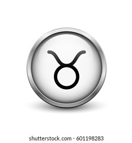 Taurus zodiac symbol, white button with metal frame and shadow