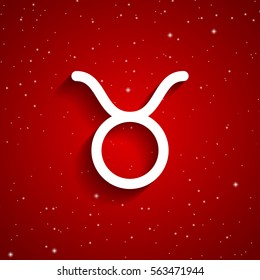 Taurus zodiac symbol, white zodiac icon on the background of red starry sky