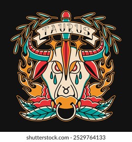 Diseño de Vector del zodiaco de Tauro, cartel gráfico de astrología, diseño de camiseta del horóscopo y de la constelación, estilo retro del tatuaje. Diseño de camiseta Zodiac