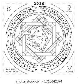 Taurus zodiacal coloring book with caledar 2020. Vector astrological illustration