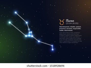 Taurus zodiacal constellation with bright stars. Taurus star sign and dates of birth on deep space background. Astrology horoscope with unique positive people personality traits vector illustration.