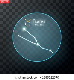 Taurus Zodiacal constellation with bright stars. Star sign and dates of birth on deep space background. vector illustration.