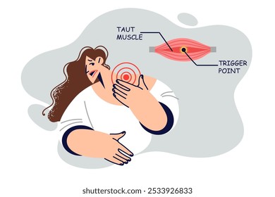 Músculo tauto e ponto de gatilho no pescoço da mulher, causando dor devido à má postura e longos períodos de trabalho com o computador. Menina com síndrome muscular tensa precisa de ajuda de quiroprático ou ginástica regular