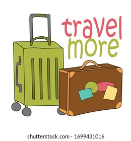 Tavel mehr. Kreative Vektorillustration Illustration - Koffer. Handgezeichnetes Konzept für Poster, Grußkarte, Kleidung, Flyer, Bucht, Banner, Emblem