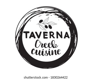 Taverna Creek cuisine text, hand drawn lettering, olive tree decoration
