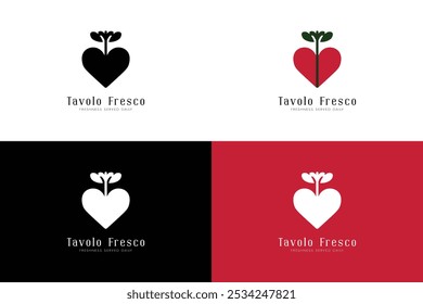 'Tavolo Fresco' Italian Restaurant Logo – Red Heart with Green Stem and Leaves, Surrounded by Cursive Text on White Background for a Clean, Classic, and Unique Culinary Identity