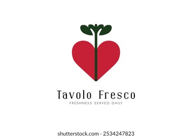 'Tavolo Fresco' Italian Restaurant Logo – Red Heart with Green Stem and Leaves, Surrounded by Cursive Text on White Background for a Clean, Classic, and Unique Culinary Identity