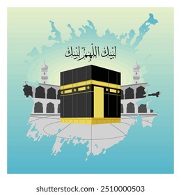 Tawaf es una parte de la peregrinación del Hayy. Durante el tawaf, se recomienda leer más Labikallah Humma Labik. Concepto islámico del Hajj. Ilustración vectorial plana.