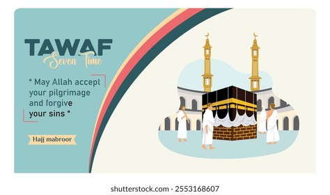 Tawaf ritual during the Hajj pilgrimage in Mecca. Pilgrims in ihram clothes walk around the Kaaba seven times. Islamic Hajj concept. Flat vector illustration.