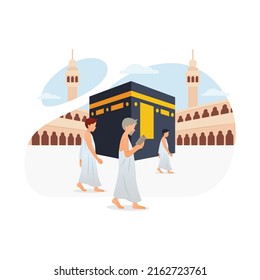 Tawaf is walking around Kaaba seven times. Hajj and umrah vector illustration