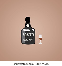 Tawny port wine bottle vector. Black bottle with a glass vector. The Portuguese dessert wine