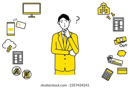 Tax accountant Man with questions, Icons for tax returns, tax payments and e-Tax, Vector Illustration