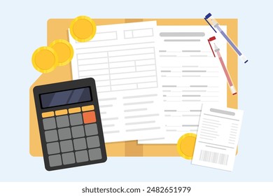 Tax accounting document concept with calculator, Receipt and money coin, Accounting document, flat vector illustration.