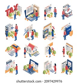 Tax accounting isometric icons set of man and woman little characters paying taxes on transport business real estate isolated vector illustration