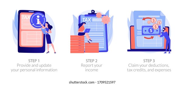 Proceso de contabilidad fiscal. Proporcione y actualice su información personal, informe sus ingresos, reclame sus deducciones, créditos fiscales y metáforas de gastos. Ilustraciones de metáforas conceptuales aisladas por vectores