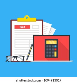 Tax accounting, tax services. Laptop with calculator on screen, glasses, pen and clipboard with tax form. Modern concept. Flat design. Vector illustration