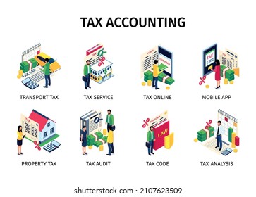 Tax accounting set of tax audit tax code tax analysis mobile application isolated compositions isometric vector illustration