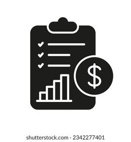 Tax Accounting Silhouette Icon. Financial Budget, Money Report on Clipboard Symbol. Finance Payment Document Glyph Pictogram. Paper with Dollar Solid Sign. Isolated Vector Illustration.