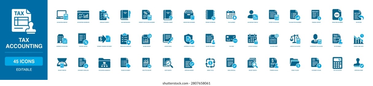 Tax Accounting Solid Icon Set with accounting monitor, checklist search, ledger approval, archive box document, tax calendar, accountant profile, stamped invoice, money folder and file