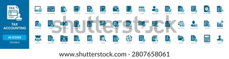 Tax Accounting Solid Icon Set with accounting monitor, checklist search, ledger approval, archive box document, tax calendar, accountant profile, stamped invoice, money folder and file